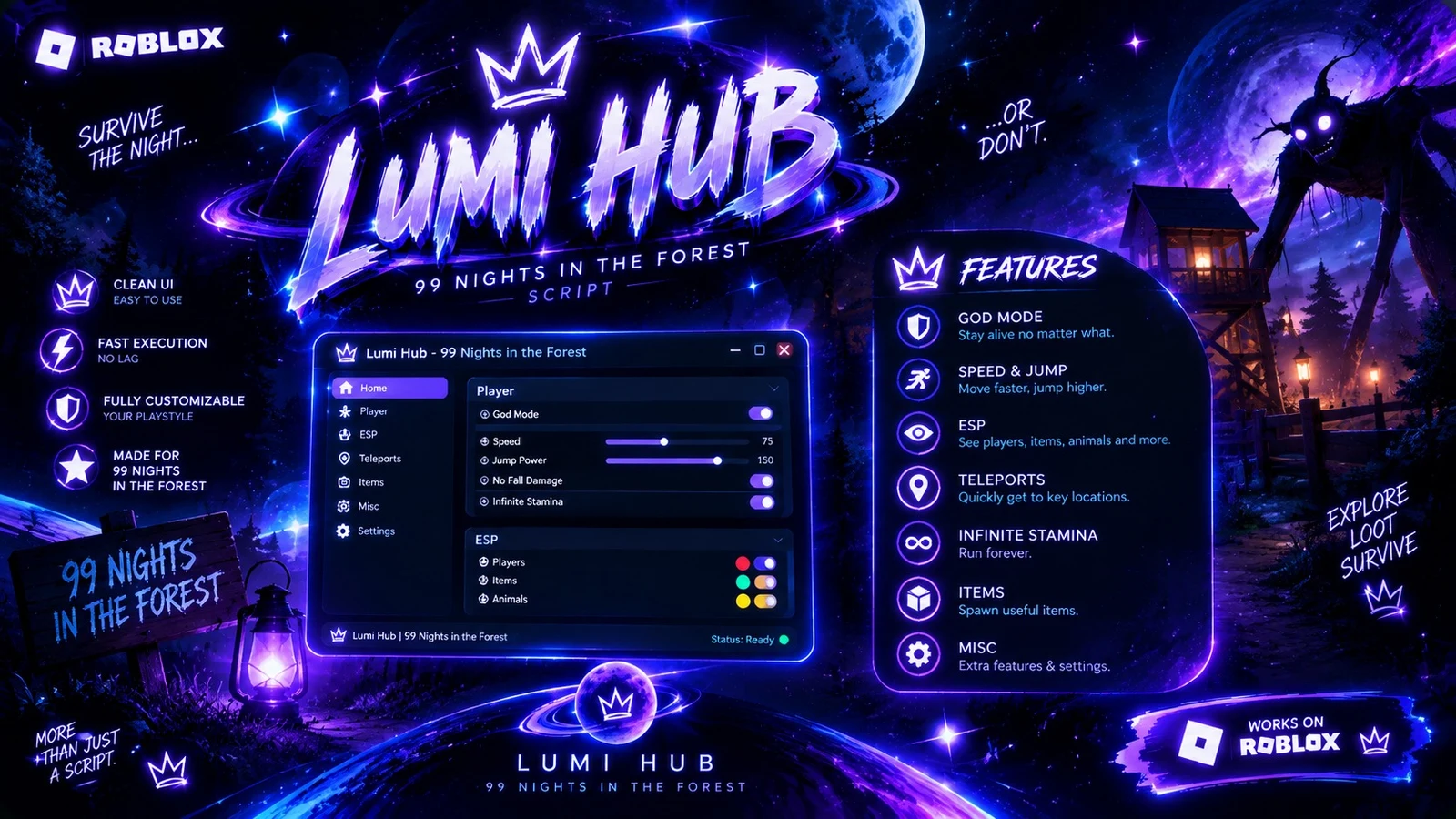 Lumi Hub - скрипт на 99 Ночей в Лесу (режим Бога, ESP)